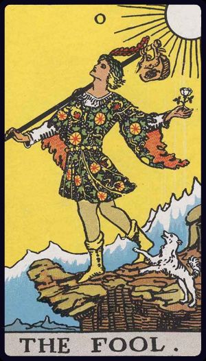 The Fool, a young figure with the sun behind them, holding a bindle and stepping off the edge of a cliff. Behind them is a small dog.