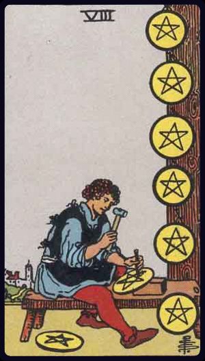 A figure hammers away at a workbemch, creating a coin. 6 others are arranged on a pillar, and another one beside them on the floor.